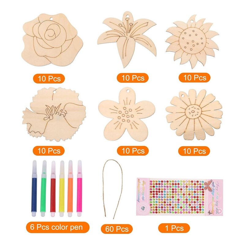 60 Pieces Wooden Flower Cutouts 3 Inch Unfinished Wood Flower Cutouts Wooden Flower Slices Blank Shape Ornaments Flower