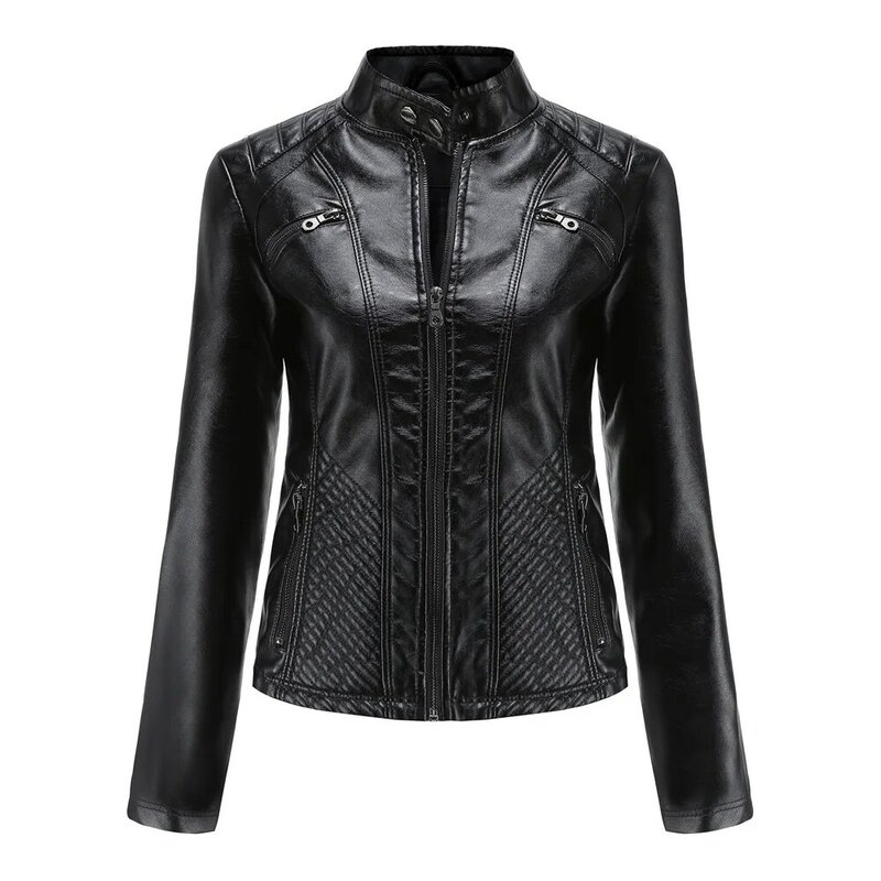 2024 New Women's Casual Stand Collar PU Leather Jacket Slim Autumn Solid Color Leather Jacket