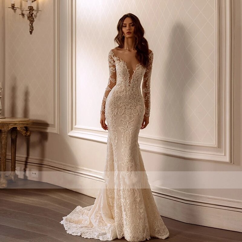 Gaun pernikahan kesayangan gaun pengantin punggung terbuka seksi applique renda lengan panjang 2024 putri duyung indah Vestidos De Novia 2023