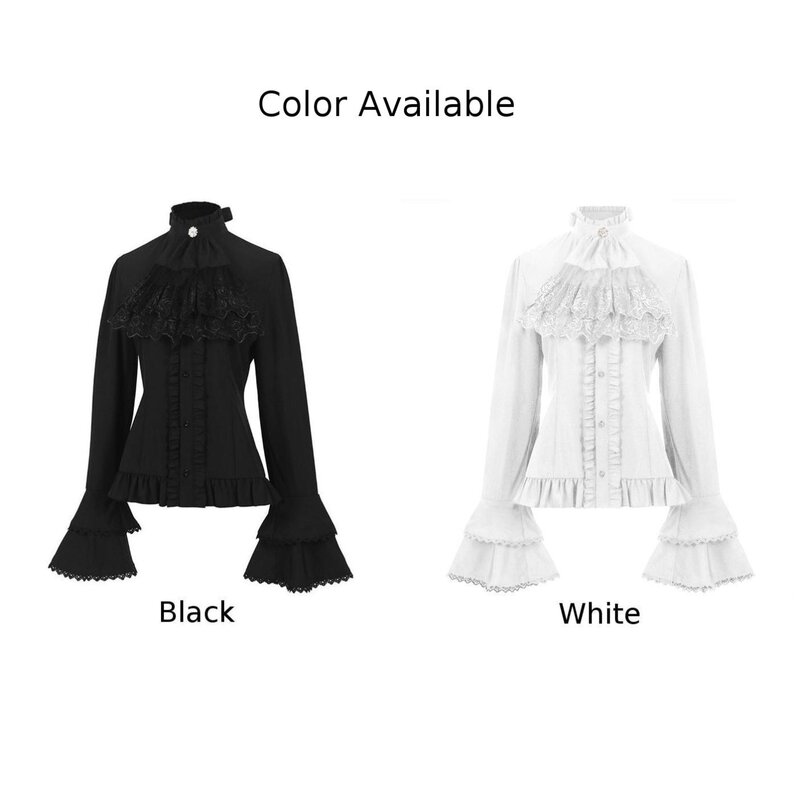 女性用フレアスリーブレースフリル包帯シャツ、ヴィンテージデザイン、ソリッド、ビクトリアン、ゴシックスタイル
