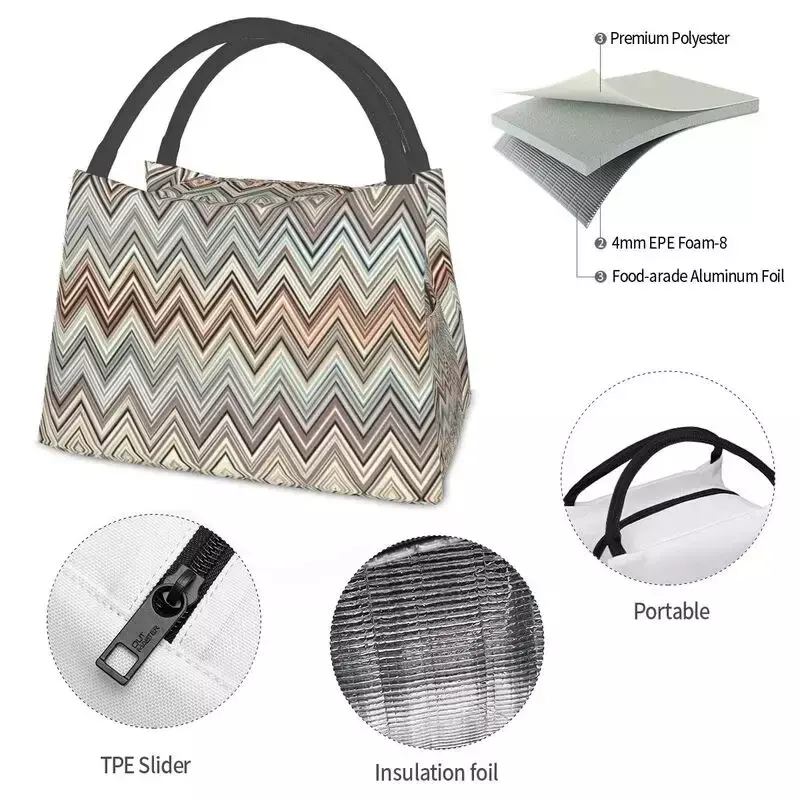 Zig Zag Multicolor Thermal Insulated Lunch Bag Camouflage Contemporary Lunch Tote for Outdoor Picnic Storage Meal Food Box