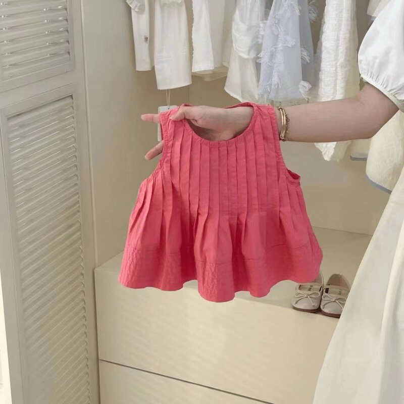 Sommer koreanische Kleinkind Mädchen 2 Stück Kleidung Set Baumwolle solide geraffte Weste Outfits elastische Taille weites Bein Hose Baby Baby Anzüge