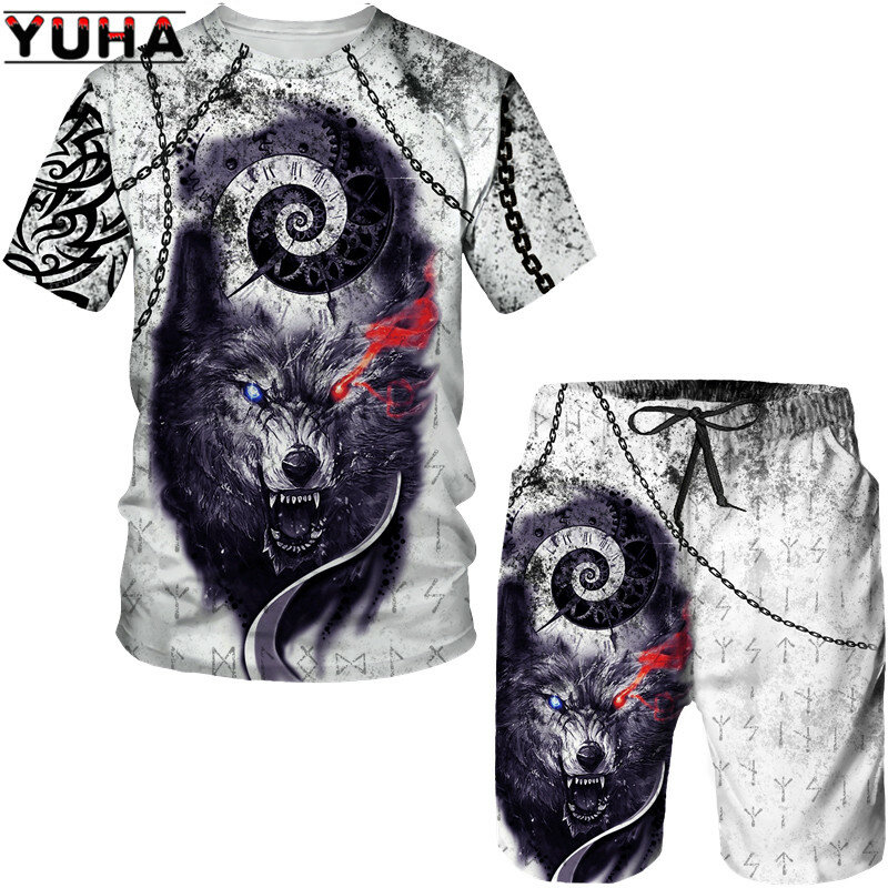 YUHA, Fashion Summer  Wolf 3D Printed Men's T-Shirt+Shorts Sleeve Tops Unisex Cool Animal Sport O-neck  Tracksuit Hip Hop Set Su