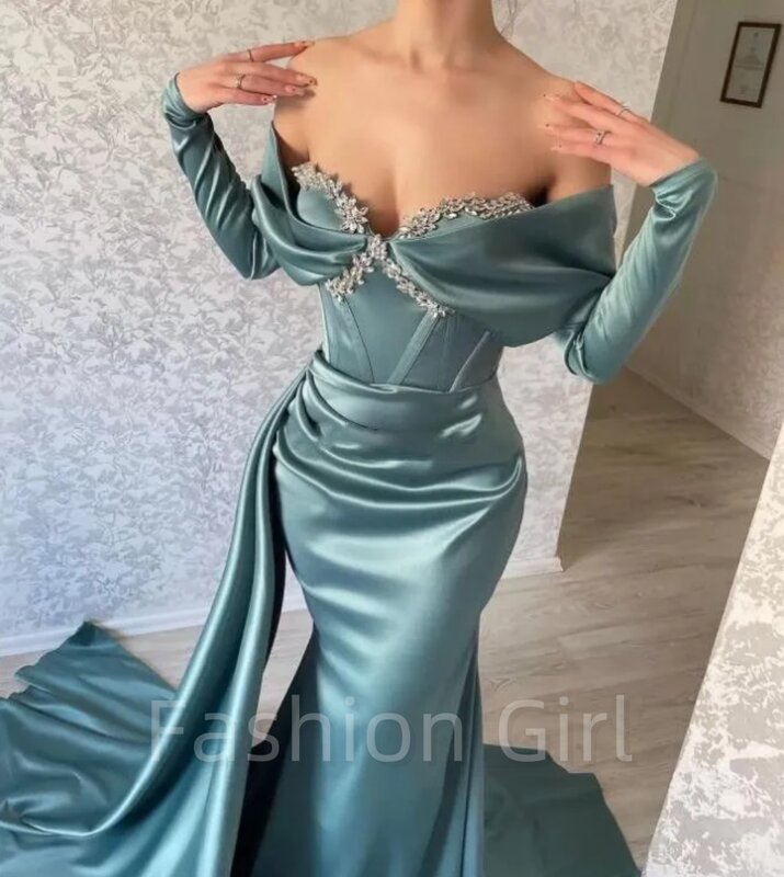 Vestidos de noite sereia azul empoeirado, elegante fora do ombro, manga comprida, mancha de miçangas plissadas, Arábia Saudita, vestido de baile