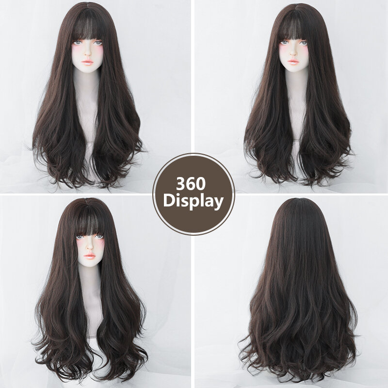 7JHH WIGS Loose Body Wave Black Tea Wig for Women Daily Use High Density Synthetic Layered Dark Brown Hair Wigs with Neat Bangs
