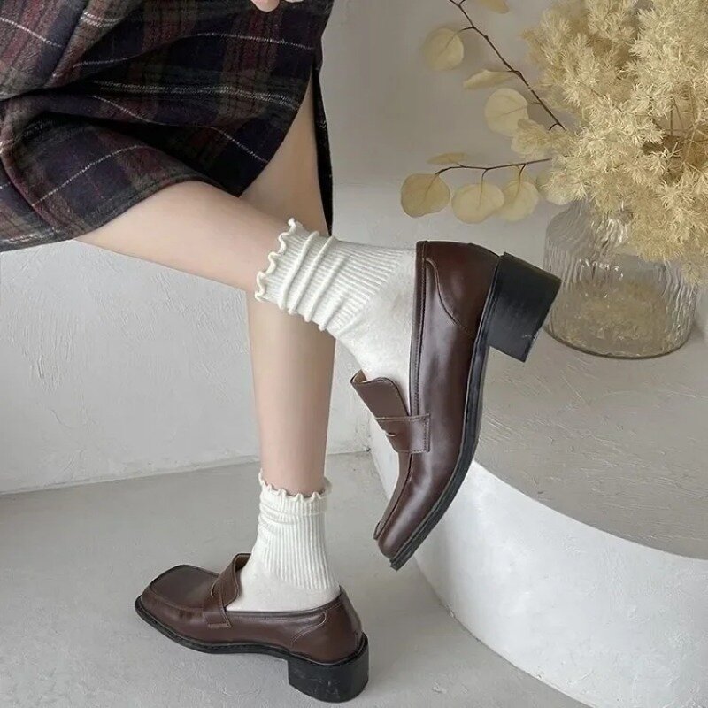Plissado de algodão feminino meia meia tubo, tornozelo curto, respirável, preto, branco conjunto, primavera, outono, 3 pares por lote