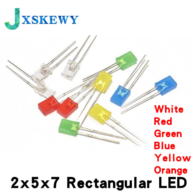 100 szt. 2x5x7 prostokątna dioda LED emitująca lampa diodowa biały czerwony zielony niebieski żółty pomarańczowy rozproszony kolor kwadratowy wskaźnik DIY