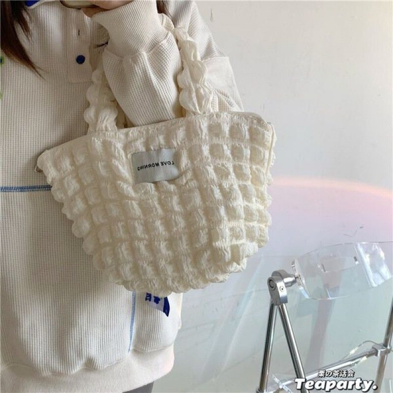Bolso de hombro de burbujas plegable con forma de corazón para mujer, bolsa de mano pequeña y fresca, bolso de compras de lona para niña
