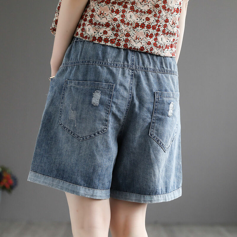 Calção jeans de cintura alta feminina, estilo coreano, clássico, na moda, patchwork, bordado, padrão floral, calças de perna larga, jeans verão, 6167