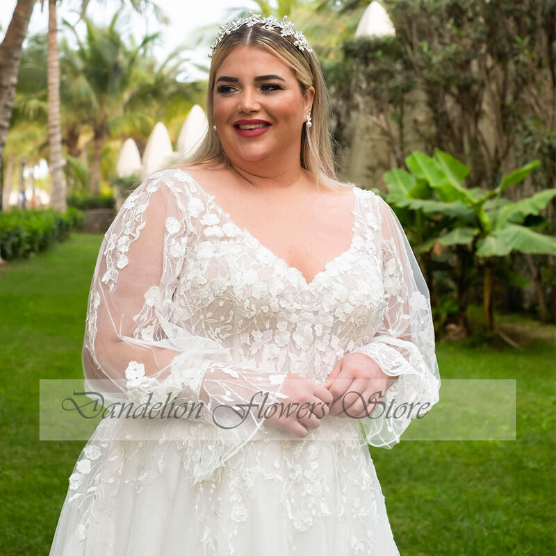 Pastoral Wedding Dresses Plus Size Women 2023 Full Sleeves V-Neck Bride Gown With Applique A-Line Sweep Train فستان حفلات الزفاف