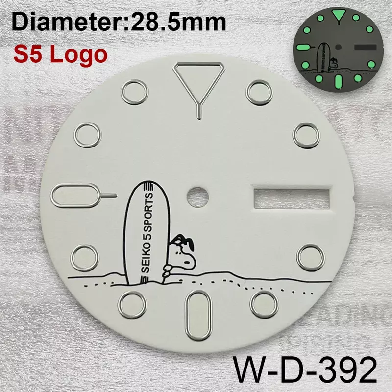 28.5mm S Logo Snoopy Cartoon Dial adatto per NH36/4 r36 movimento Pilot Dial Green Luminous Watch ModificationAccessories