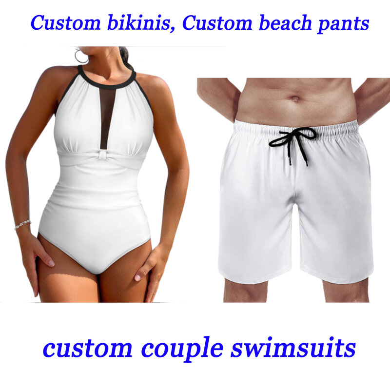 Traje de baño de pareja de vacaciones en la playa polinesiana, vestido recortado, traje de baño hasta el muslo, pantalones de playa para hombres, conjunto de pareja de surf