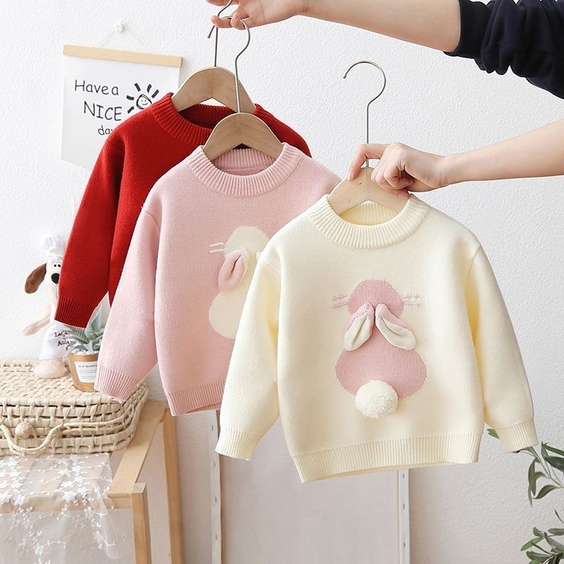 Свитер для девочек с кроликом модная зимняя и осенняя одежда для маленьких девочек плюшевый детский новейший свитер вязаный детский свитер
