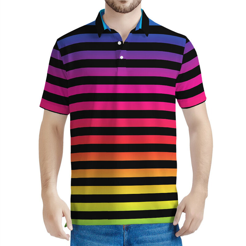 Рубашка-поло мужская с геометрическим рисунком, модный топ с цветными полосками и 3D принтом, с короткими рукавами, Повседневная футболка с лацканами, на пуговицах, на лето