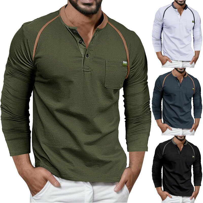 Male Autumn And Winter Long Sleeve Solid Color Pocket Letter Stripe Stitching Pack of Mens Shirts Large Tall Shirts for Men