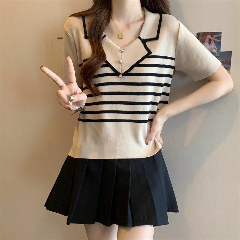 Women's 2024 Summer Turndown Collar Patchwork Stripes Embroided Flares Fashion Elegant Slim Fit Casual Short Sleeve Sweaters