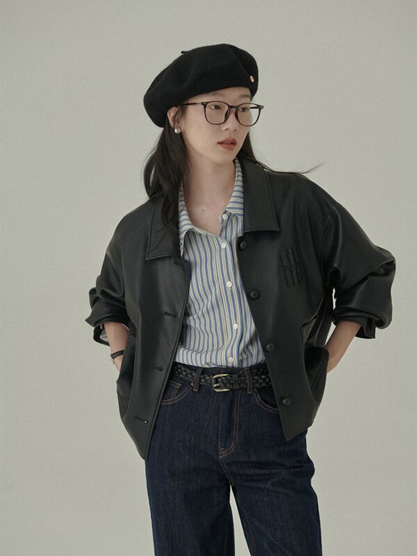 Kemeja gaya Korea, baju kasual longgar lengan panjang bergaris musim semi wanita 2024