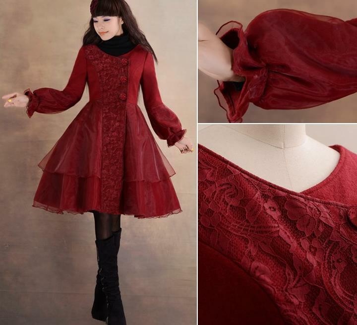 Autumn and winter new organza lace stitched woolen long coat a line coat