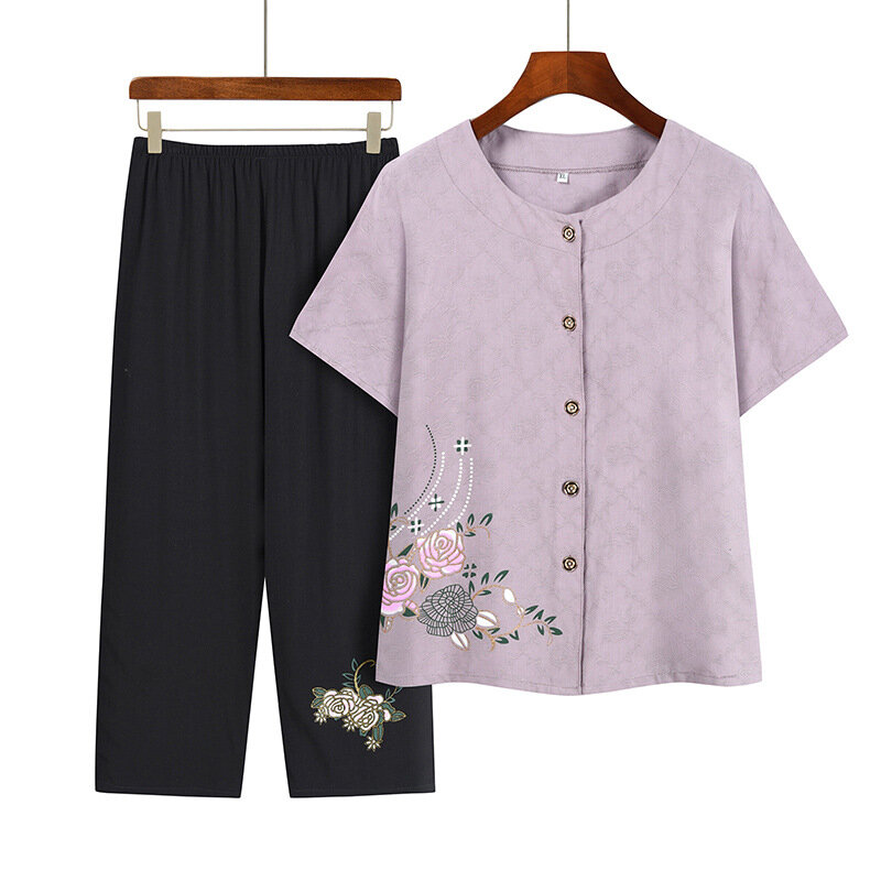 Ensemble de pyjama à manches courtes pour mère d'âge moyen, t-shirt à col rond, cardigan imprimé, ensemble de pyjamas, été, 2 pièces