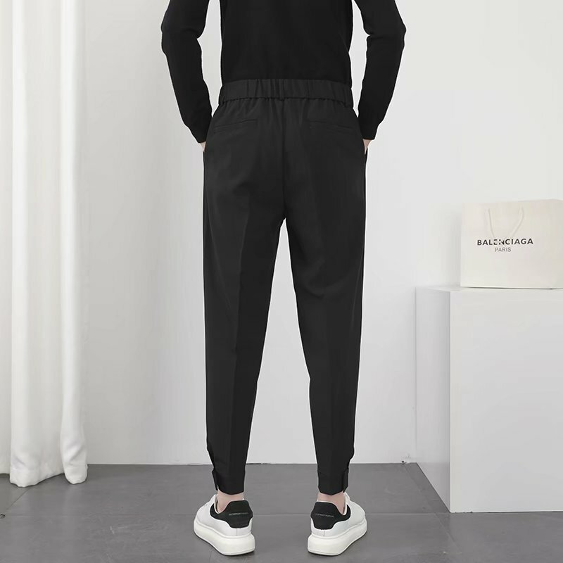 남성 캐주얼 바지, 신축성 있는 허리, 작은 발, 슬림한 한국 스타일, 플리츠 테이퍼 블레이저 바지, 스트리트웨어