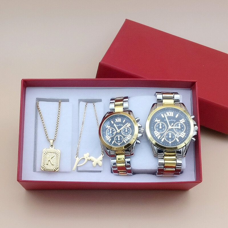 Jam tangan pasangan jam tangan baja kuarsa pria untuk pasangan jam tangan wanita mewah jam tangan wanita Relogio Feminino dengan gelang Nesklace 4 buah hadiah