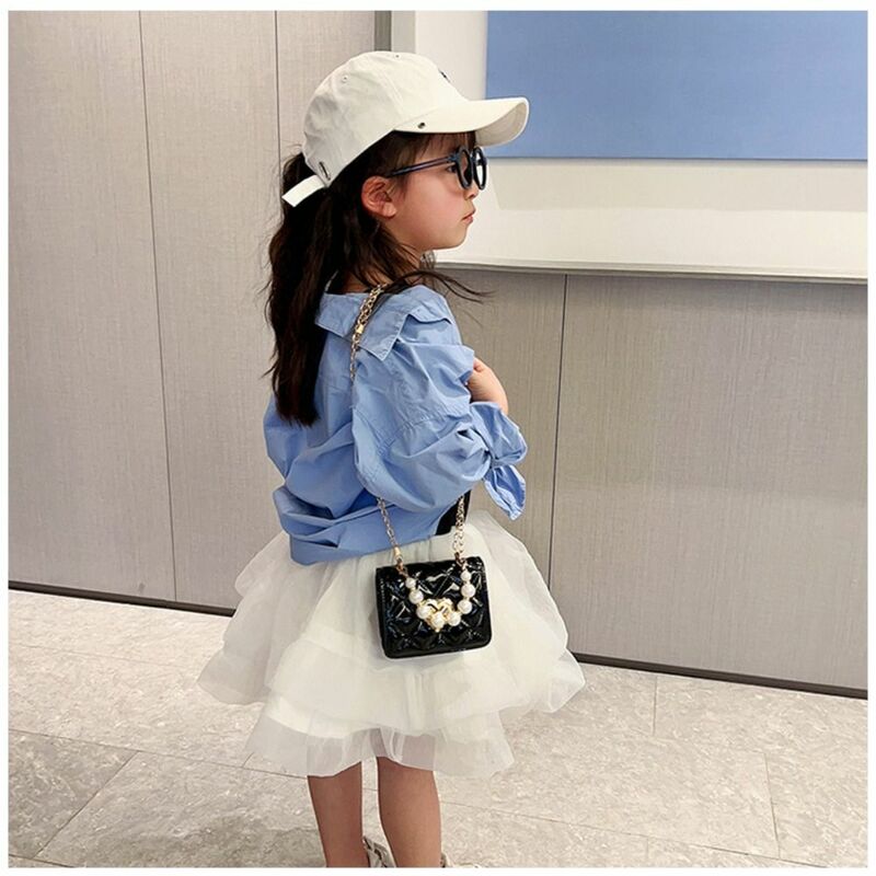 PU Mini Shoulder Bags Durable with Pearl Handle Small Satchel Princess Flap Handbags Little Girls