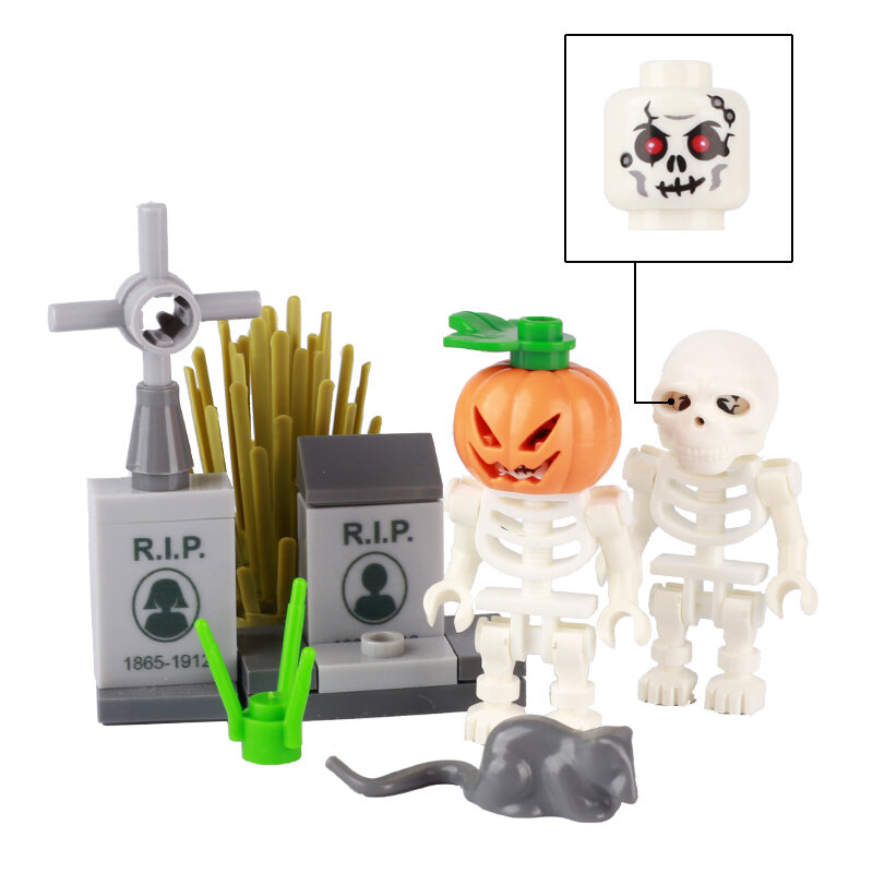 Moc Halloween Gift Kerkhof Begraafplaats Ghost Skelet Pompoen Cijfers Bouwstenen Onderdelen Grafsteen Bloemen Kinderen Speelgoed