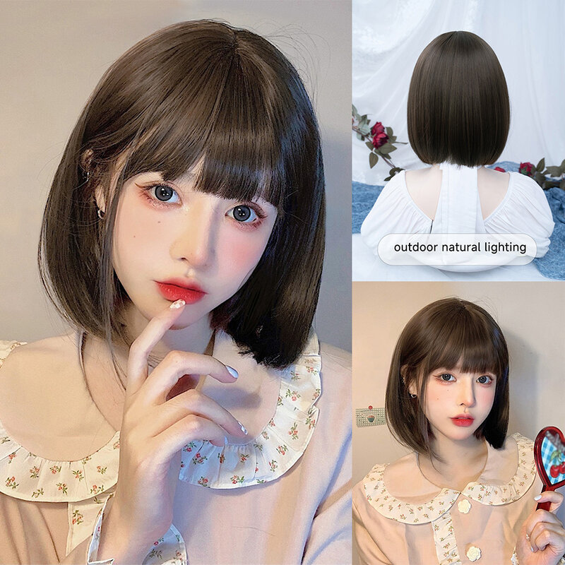 12Inch Lolita Cool Brown Synthetic Wigs With Bang Short Natural Straight Hair Wig For Women Daily Use Cosplay Heat Resistant