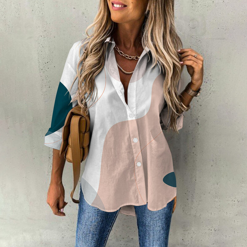 Camicie e camicette da donna camicie con stampa geometrica di moda moda Casual camicia di base per tutti i giorni camicette larghe a maniche lunghe da donna estive
