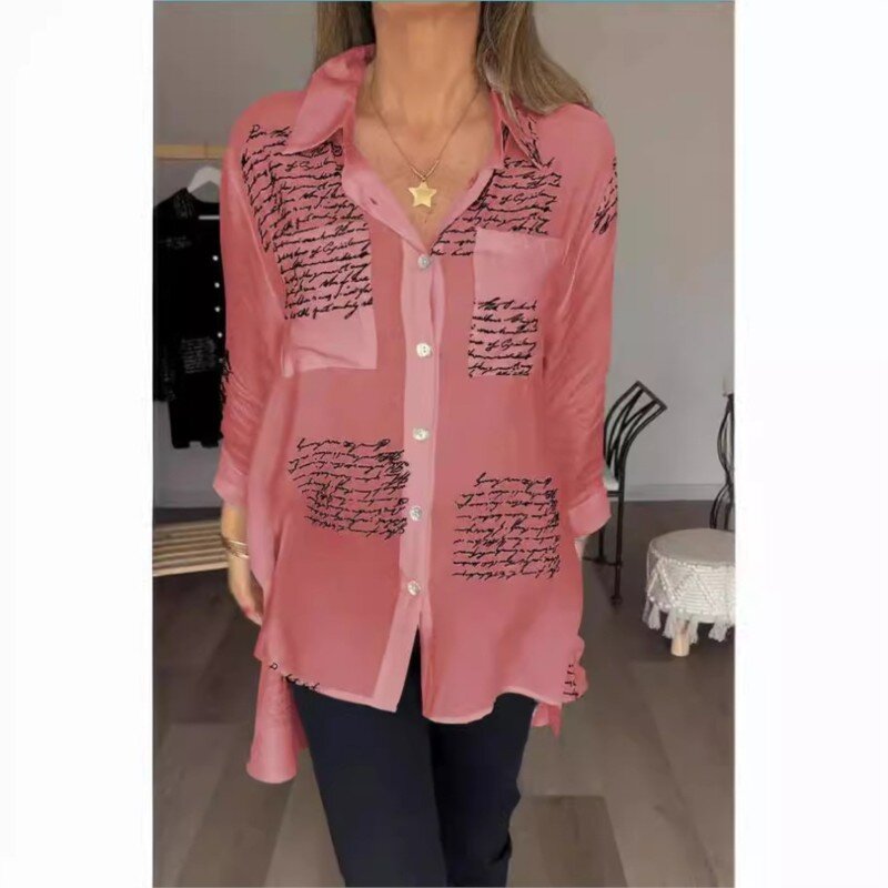 Blusa holgada informal para Mujer, camisa De manga larga con solapa y letras, Moda De Primavera y verano, 5XL, 2024