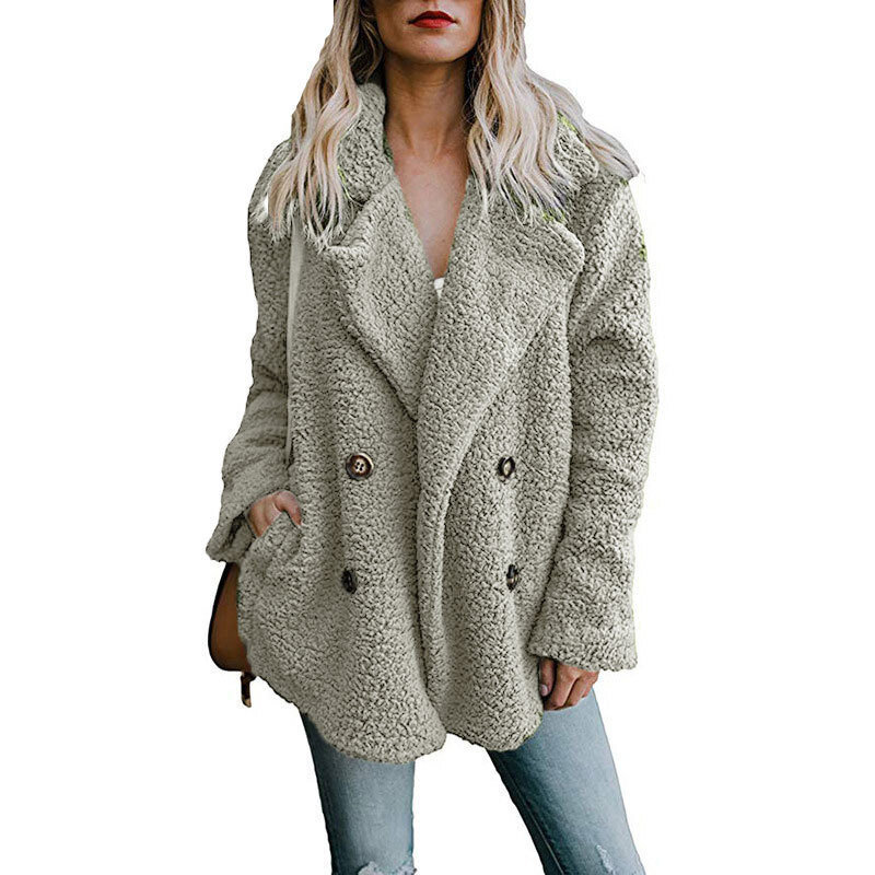 Autumn and winter women's clothes Lapel double breasted loose lamb Plush clothes lamb cashmere coat women