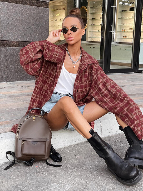 Mnealways18 Street Style Red Plaid Shirts Women Irregular Long Sleeves Oversized Blouses Autumn 2024 Loose Gingham Tops Trendy