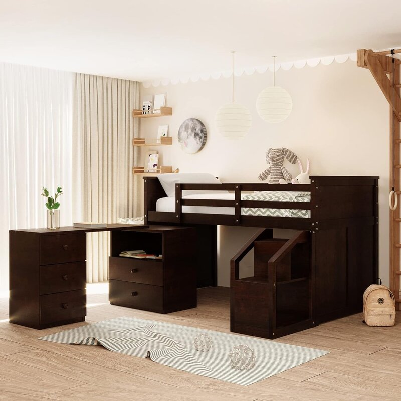 Quadro de cama para crianças, secretária e armazenamento gavetas, Twin Low Loft