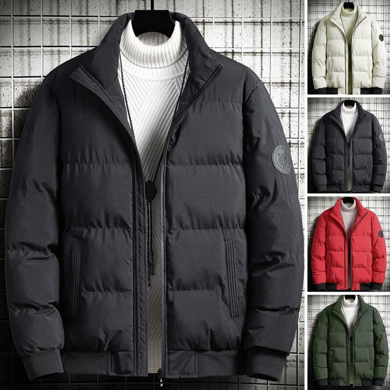 Jaqueta puffer quente masculina, zíper completo, gola alta, bolsos, casaco de algodão grosso, casacos casuais de trabalho, inverno