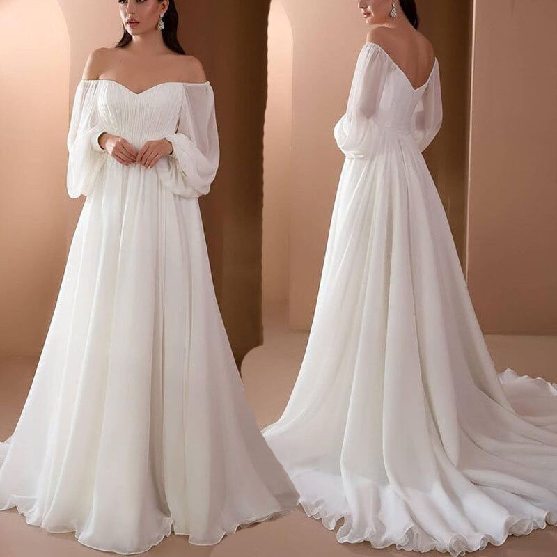 Off Shoulder Long Sleeved Wedding Party Dress Dor Women Spring New Solid Color Chiffon Long Dresses Elegant Simple Evening Gowns