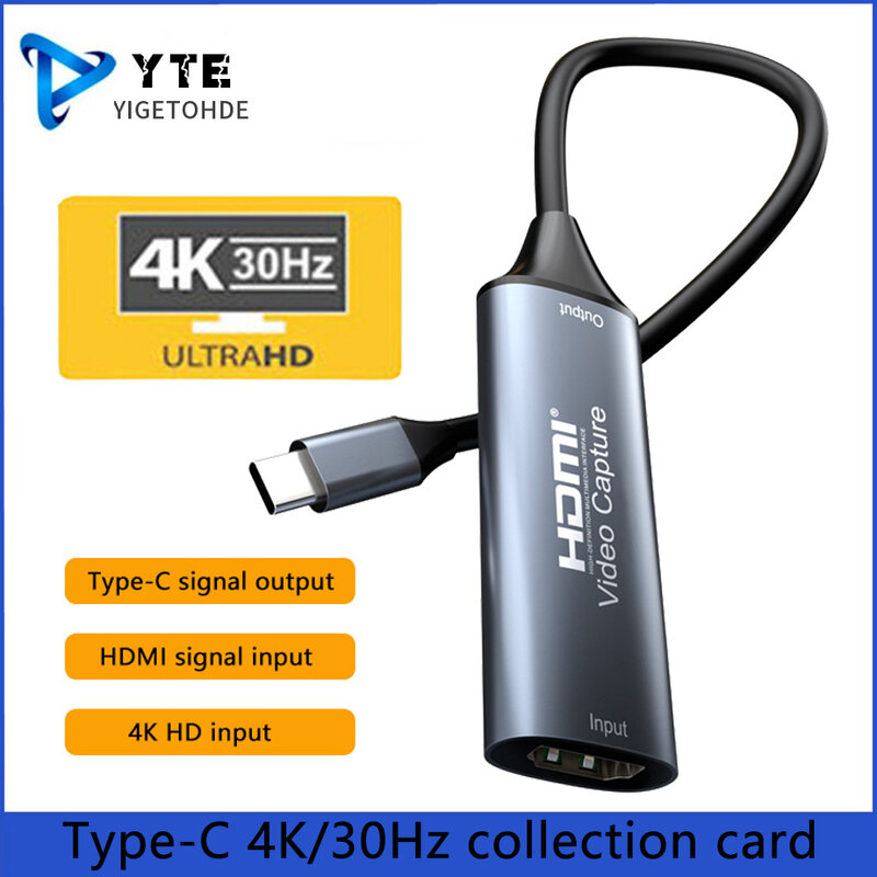 Yigeek-Type-C Video Capture Card, Compatível com HDMI, Game Grabber, Gravar para Switch, Xbox, PS4, 5, Live Broadcast Game, 4K, 30Hz, 2.0
