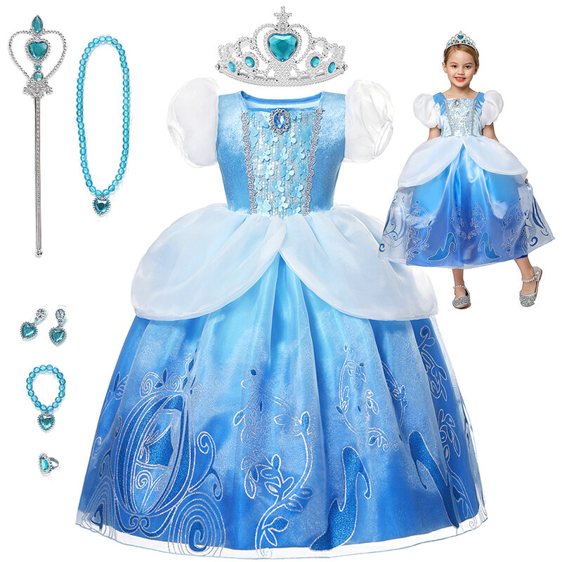 Disney Cinderela Cosplay Dress Up Roupas para meninas, Halloween, Carnaval, Festa, Princess Costume, Kids Birthday, Vestido de casamento