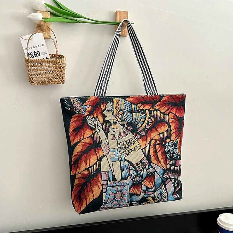 Женская Холщовая Сумка-тоут, элегантный вместительный саквояж на плечо в стиле ретро, с рисунком листьев и цветов, сумка для хранения масляных красок