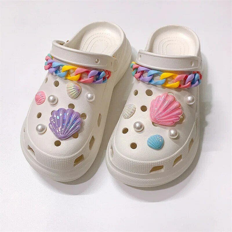 Sandal selop rantai warna-warni dapat dilepas mutiara cangkang pesona sepatu Croc kreatif Aksesori dekorasi pribadi hadiah pesta