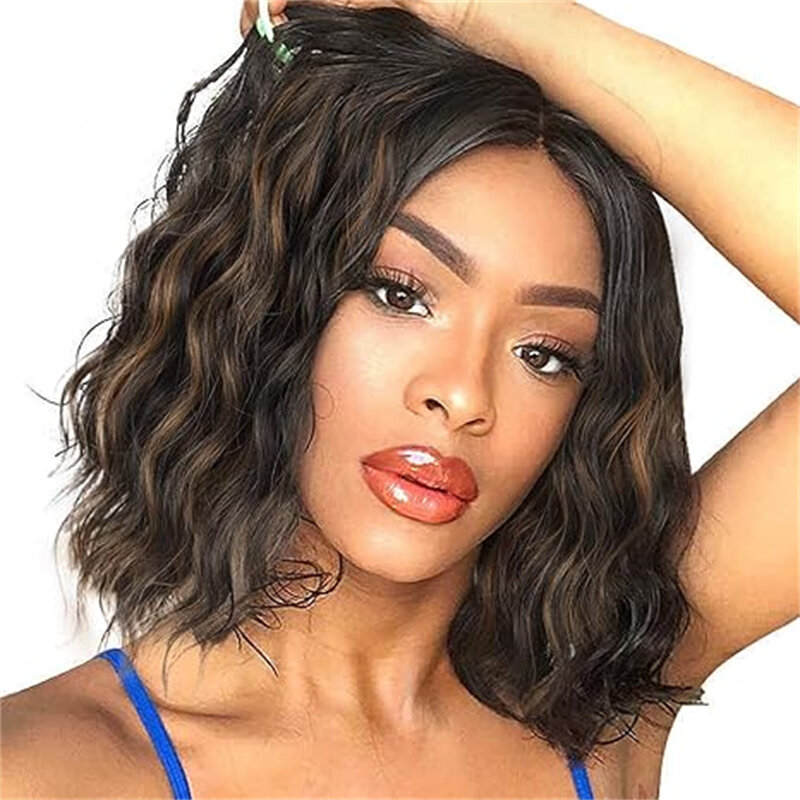 Wigs for Women Wavy Short Wig Middle Part Bob Wig Synthetic Shoulder Length Ombre Wigs for Daily Party Cosplay Mixed Brown 14''