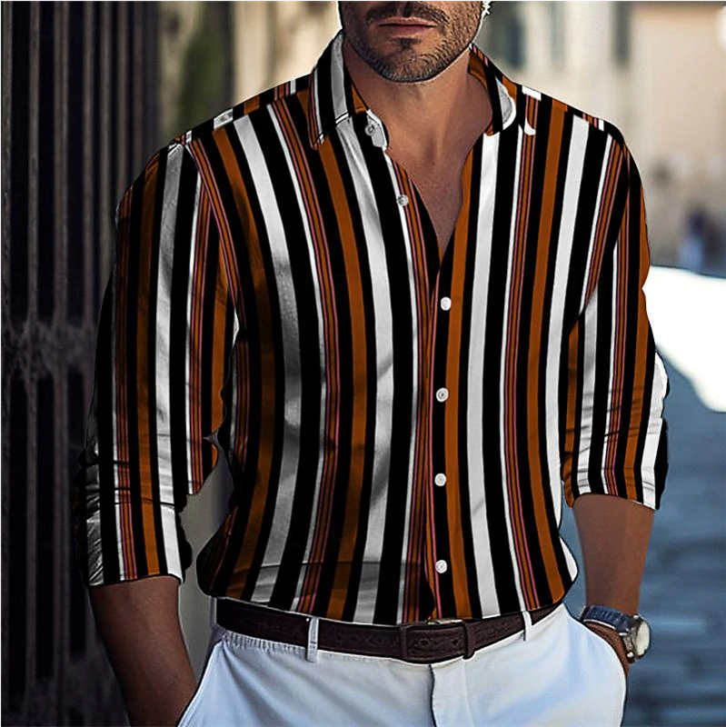 2024 Męska koszula w paski z nadrukiem Slim Fit Clover Outdoor Street Odzież z długim rękawem i guzikami Fashion Design Casual Soft