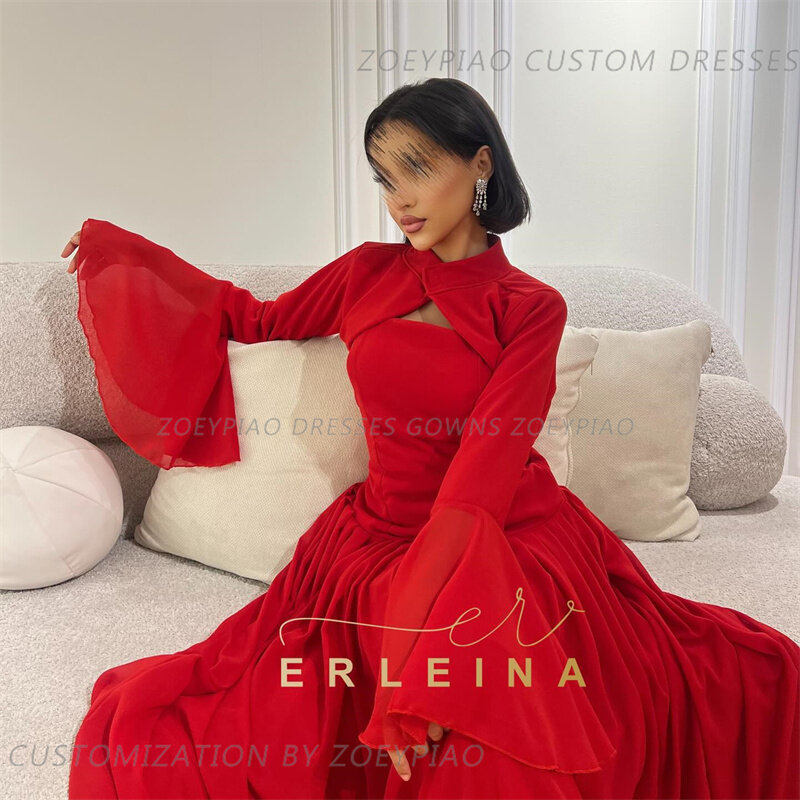 Gaun malam acara Formal sifon A-line merah gaun Porm Dubai lengan penuh Arab vestidos de fiesta leher tinggi manis