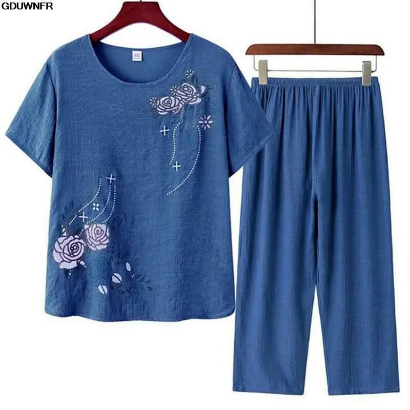Middle-aged and elderly women's short-sleeved t-shirt mother suit loose large size cotton linen two-piece suit