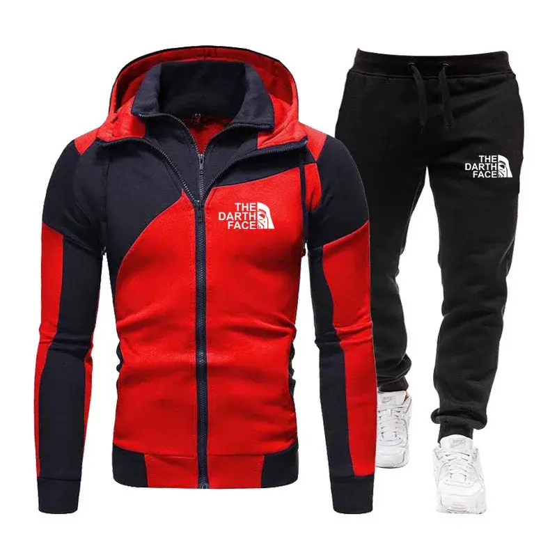 2024New men's double zipper jacket hoodie + black casual jogging pants two sets of fashion casual fitness sportswear two sets