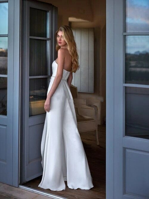 Strapless White Wedding Dresses Bride Jumpsuits Elopement Formal Wear Backless Flare Wide Pants Simple Satin Bridal Gowns