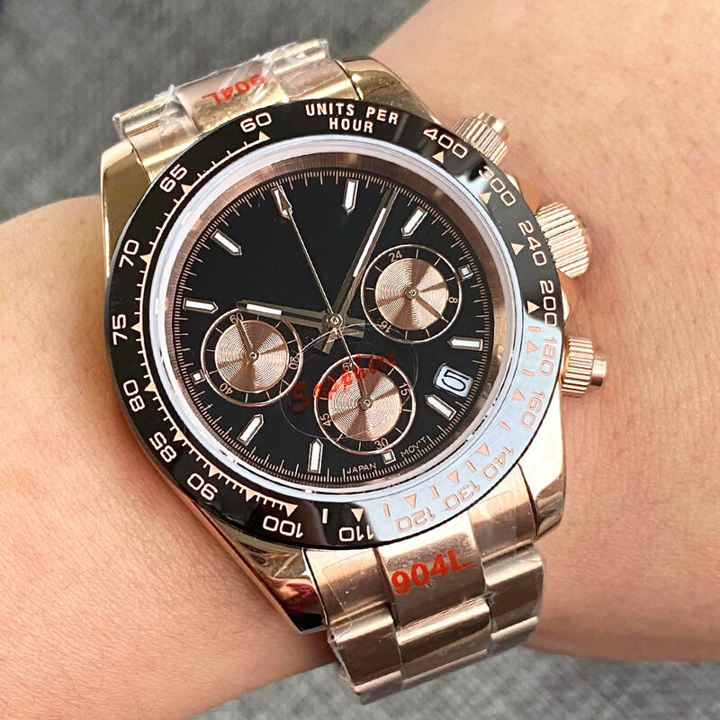 Кварцевые часы с хронографом из стали VK63 для мужчин с Циферблатом из розового золота 904L браслет с логотипом на заказ спортивные часы