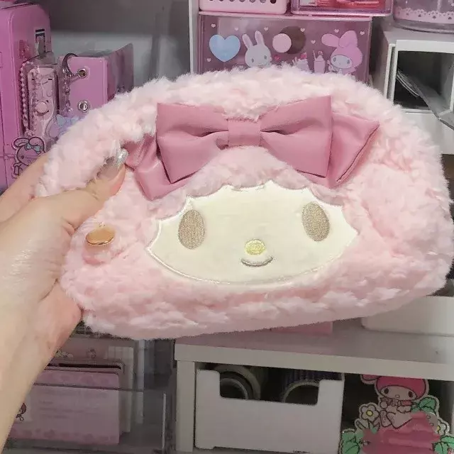 Sanrio Melody Pencil Bag Stationery Supplies Plush Anime Kawaii Kuromi Cinnamoroll Japanese Korea Ins Cosmetic Bag Girl Gift