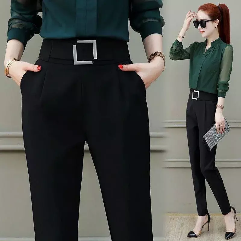 Calça Harlan de cintura alta preta elástica feminina, calça de 9 pontos, moda casual justa, primavera e verão