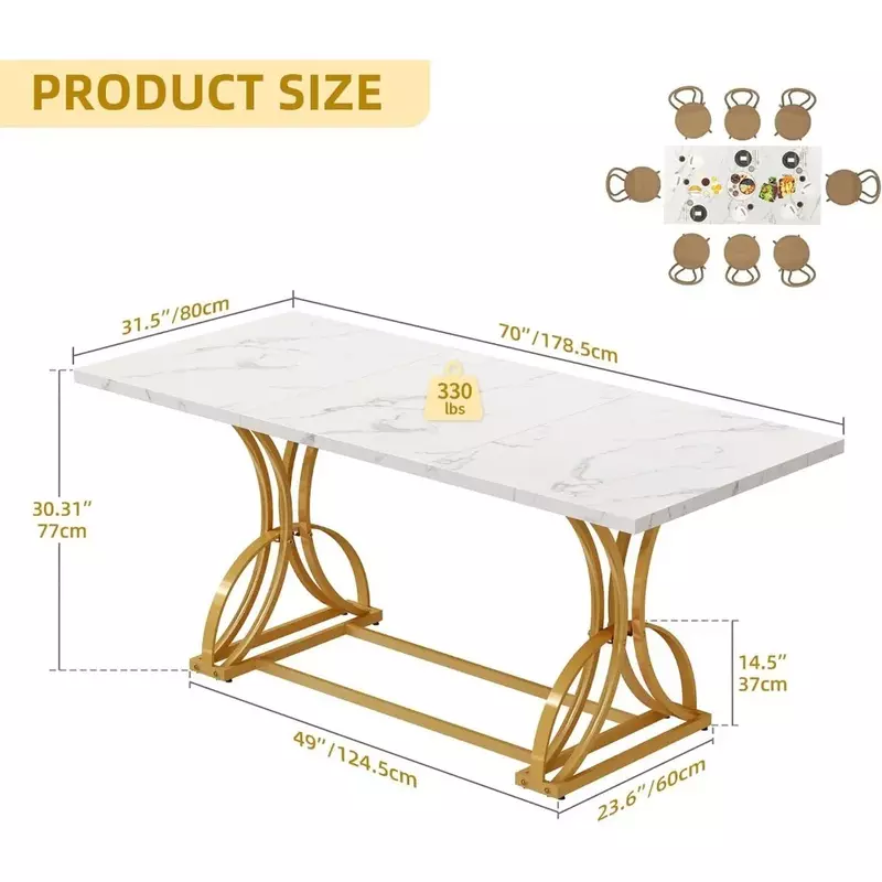 70.3 Inch Grote Moderne Eettafel Voor 6-8 Personen Rechthoekige Keukentafel Met Faux Marmeren Blad En Gouden Geometrische Metalen Poten