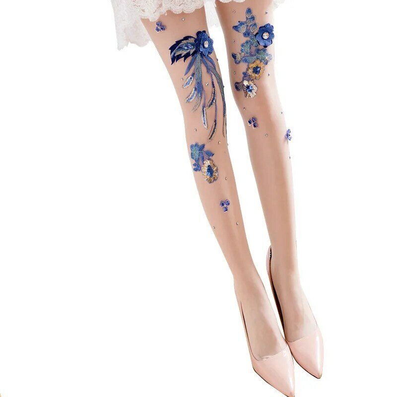 Women Sexy Thin Pantyhose Silk Stockings hot drill Embroidery Flowers Pattern Tights Transparent Temptation stockings For Lady